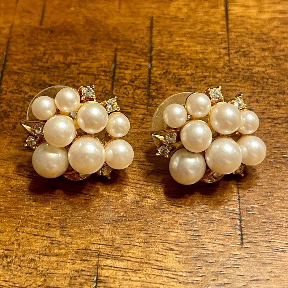 Faux Pearl and Diamond Stud Earrings